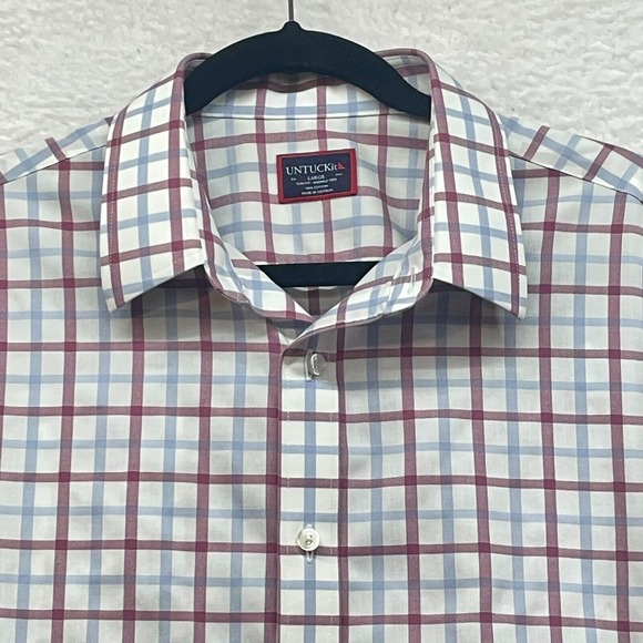 Untuckit Shirt Mens Large Red Blue Plaid Button Down Cantabera WF Slim Casual - Picture 3 of 10
